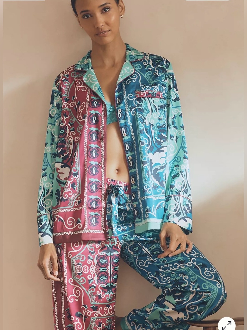 Anthropologie Silky Printed Pajama Set Satin in Teal & Berry Jewel Tones Size XS